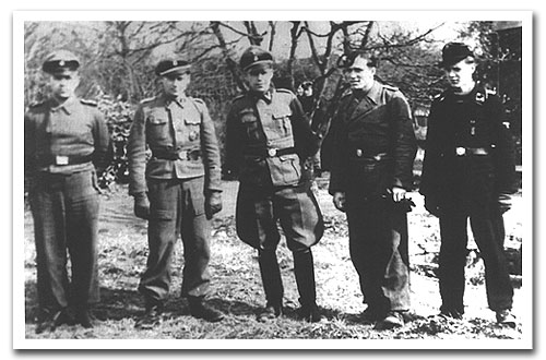 The II.Abteilung, Pz.Reg.10, 6.Kompanie, from left to right, SS-Hauptscharf�hrer Fritz Stief (Spie�)
SS-Untersturmf�hrer Rudi Schwemmlein, SS-Hauptsturmf�hrer Leo Franke, SS-Untersturmf�hrer Hans Quandel, SS-Hauptsturmf�hrer Stratman (possibly).  Source: Archiv Westerhoff.